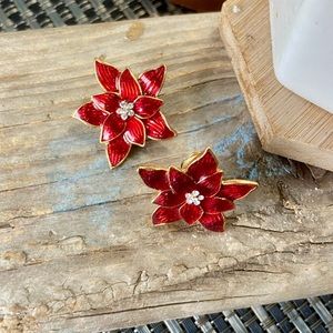 Vintage Clip On Gold and Red Flower Poinsettia Christmas Fall Earrings